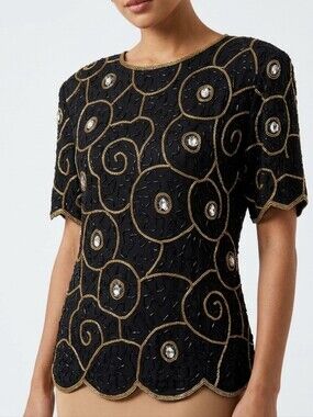 Silk Vintage Top Mark & John by Gopal black gold beaded sequins Large New Years